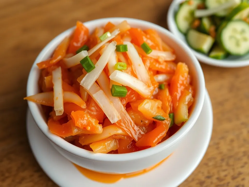 Miska pikantnego kimchi z kapusty pekińskiej z dodatkiem ogórkowego kimchi, prezentacja dania do domowego przepisu