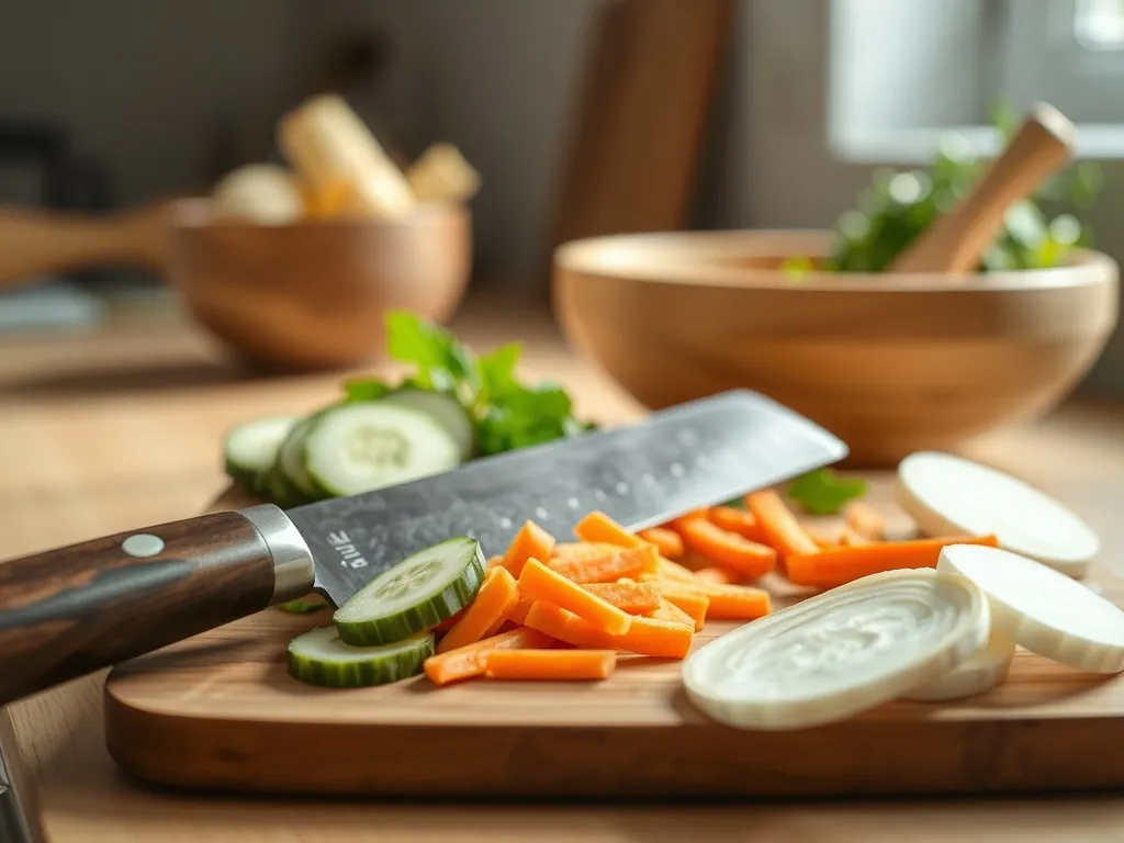 Japoński nóż usuba na drewnianej desce obok równo pokrojonych warzyw, podkreślający precyzyjne krojenie w kuchni.