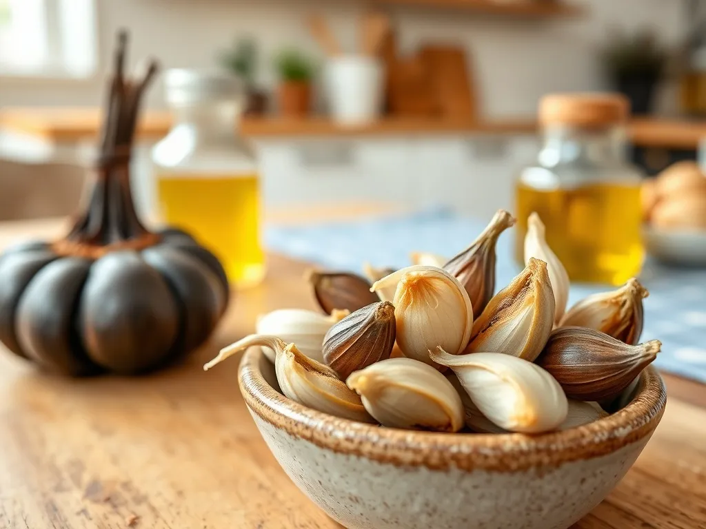 Obrane ząbki czarnego czosnku w miseczce na drewnianym stole, w tle główka czarnego czosnku i olej.