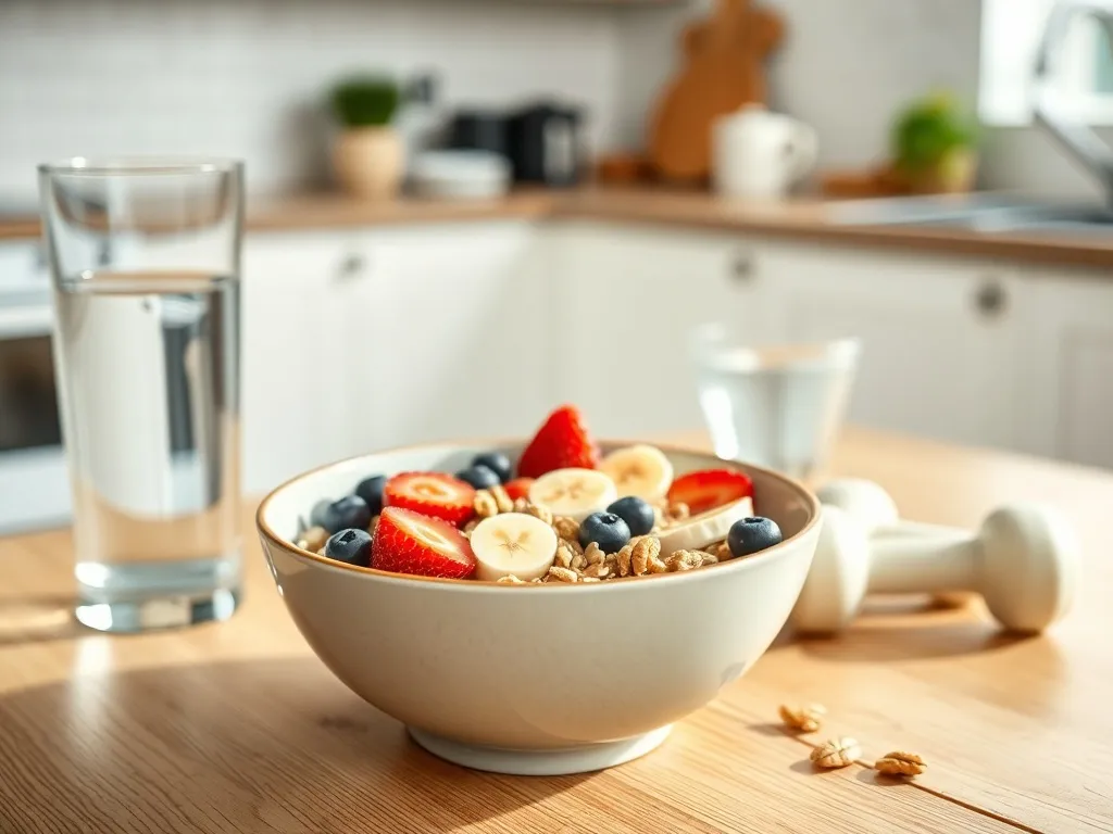 Miska owsianki z owocami i orzechami obok wody i hantli, symbol zdrowego śniadania wspierającego metabolizm.