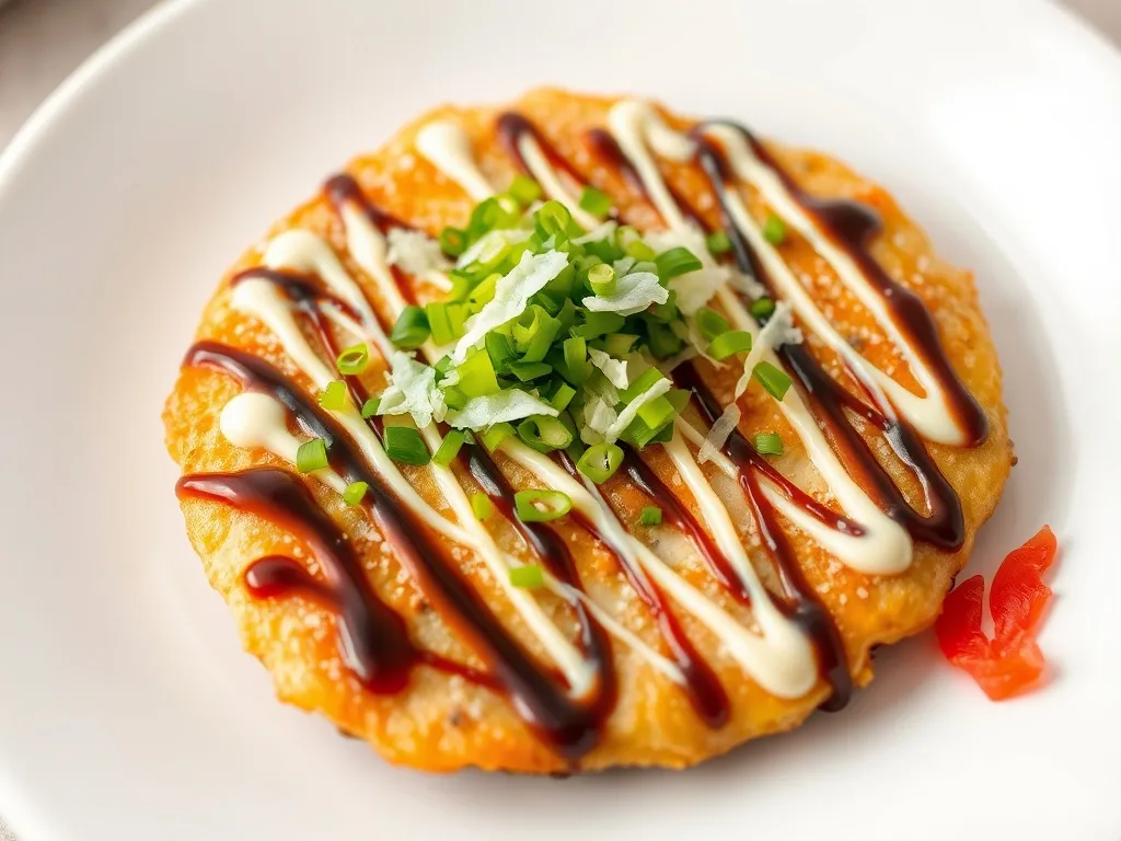 Japońskie okonomiyaki na talerzu, polane sosem i majonezem, posypane szczypiorkiem, płatkami bonito i marynowanym imbirem