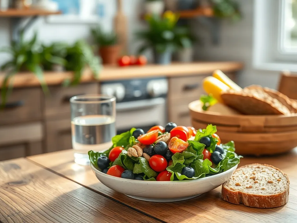 Zdrowy posiłek zgodny z dietą MIND: kolorowa sałatka, pełnoziarnisty chleb i woda w jasnej, przytulnej kuchni.
