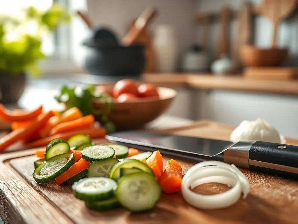 Nóż santoku na desce obok pokrojonych warzyw, ilustrujący jego zastosowanie w codziennym gotowaniu w kuchni.