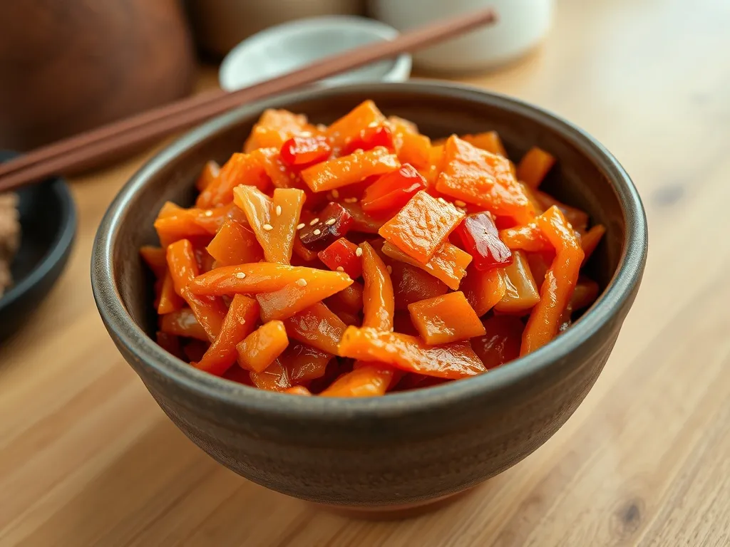 Miseczka pełna kolorowego kimchi z kapusty pekińskiej z chili i sezamem, stojąca na drewnianym stole w ciepłej kuchni