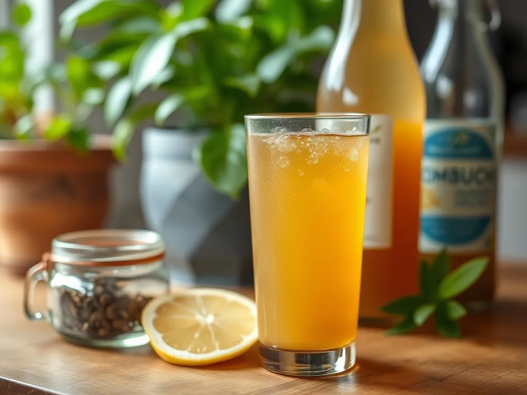 Szklanka złocistej, musującej kombuchy na drewnianym stole obok imbiru, cytryny i herbaty, w przytulnej kuchni.