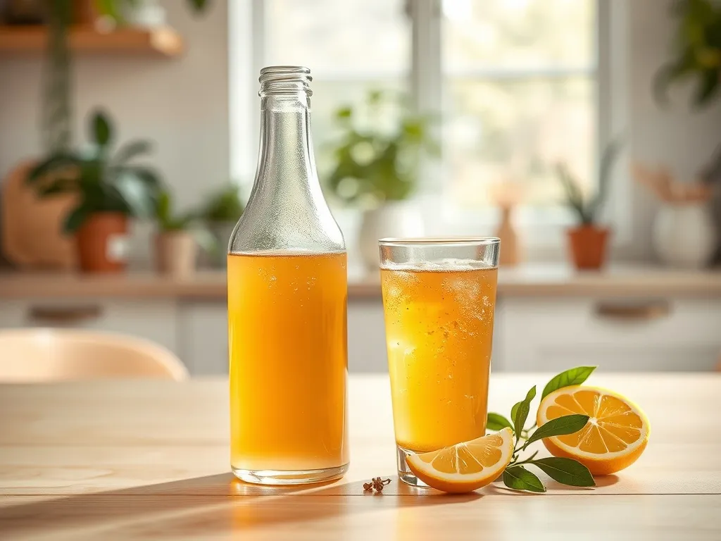 Szklana butelka i szklanka złotej kombuchy z cytryną i liśćmi herbaty na jasnym stole, w ciepłej, domowej kuchni.
