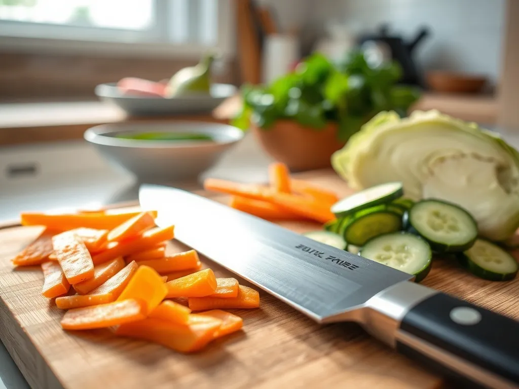 Nóż nakiri na desce obok pokrojonych warzyw, pokazujący płaskie ostrze idealne do precyzyjnego siekania.