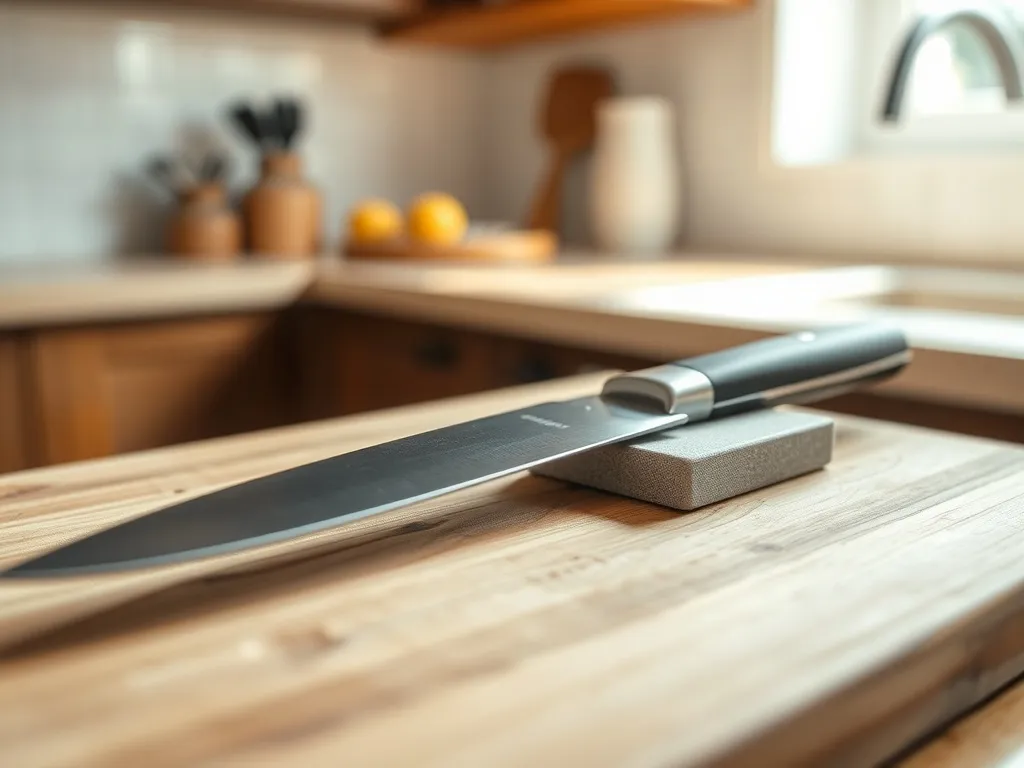 Nóż kuchenny na desce obok kamienia do ostrzenia, podkreślający właściwy kąt ostrzenia dla dłuższej ostrości.