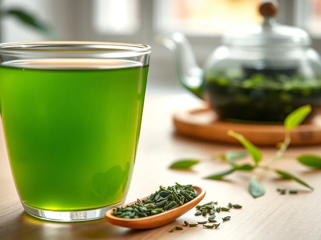 Szklanka świeżo zaparzonej zielonej herbaty sencha z liśćmi obok, ukazująca kolor, świeżość i naturalny charakter naparu.