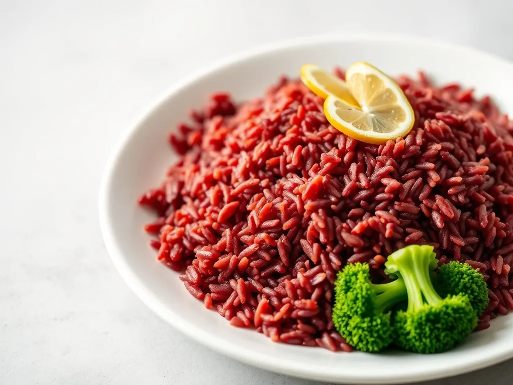 Talerz ugotowanego czerwonego ryżu z brokułami i plasterkami cytryny, podany jako zdrowy dodatek do obiadu.