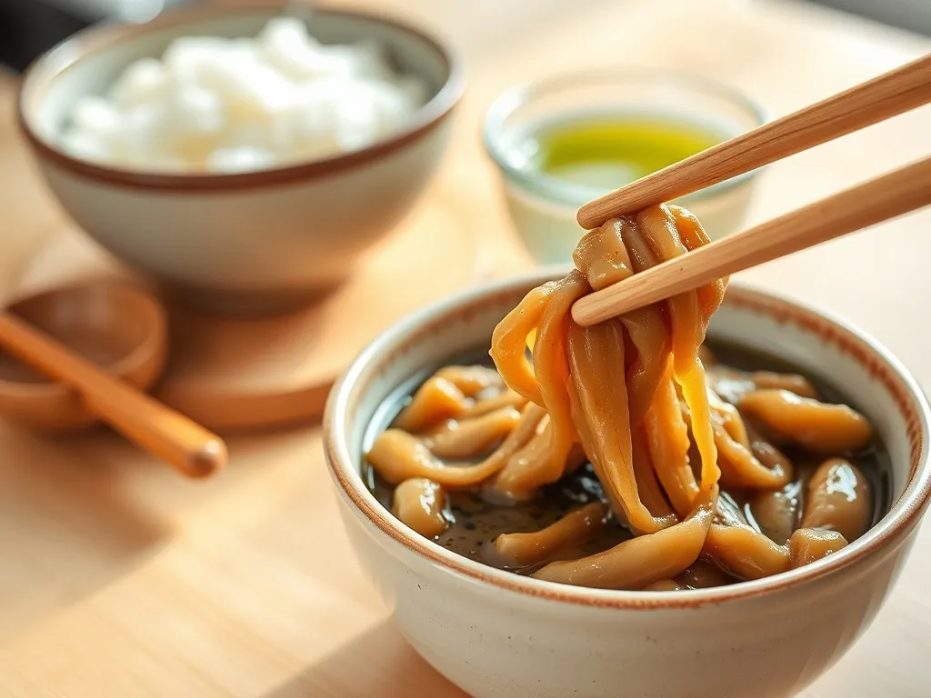 Miska natto unoszona pałeczkami na tle japońskiego śniadania z ryżem i zieloną herbatą, ilustruje sposób jedzenia natto.