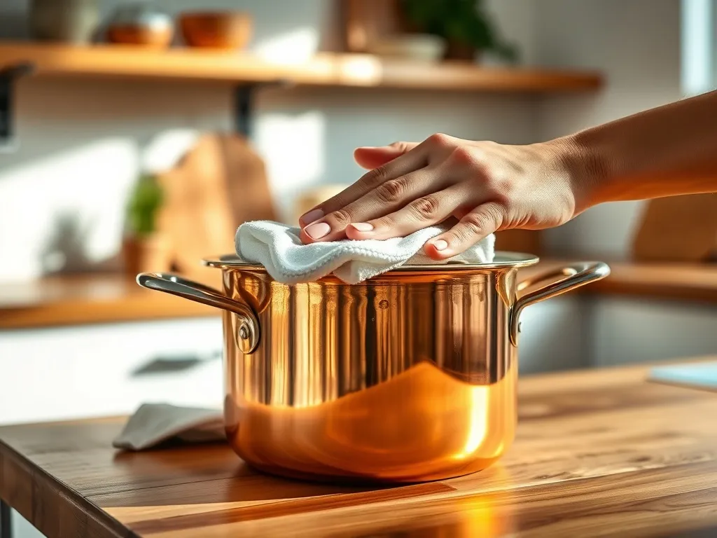 Dłonie polerujące miedziany garnek miękką ściereczką na drewnianym blacie, ukazujące sposób czyszczenia, by znów lśnił