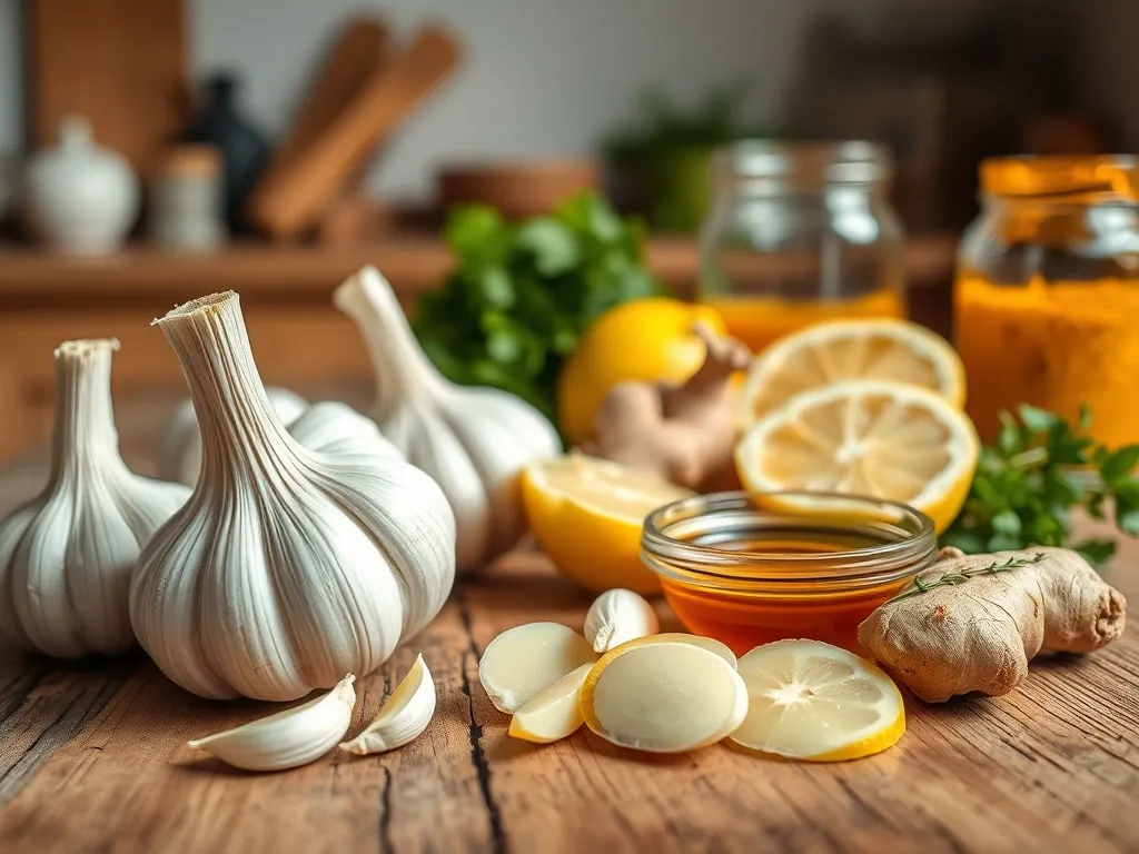 Czosnek, imbir, cytryna i miód na rustykalnym stole, przedstawione jako naturalne antybiotyki w codziennej diecie.