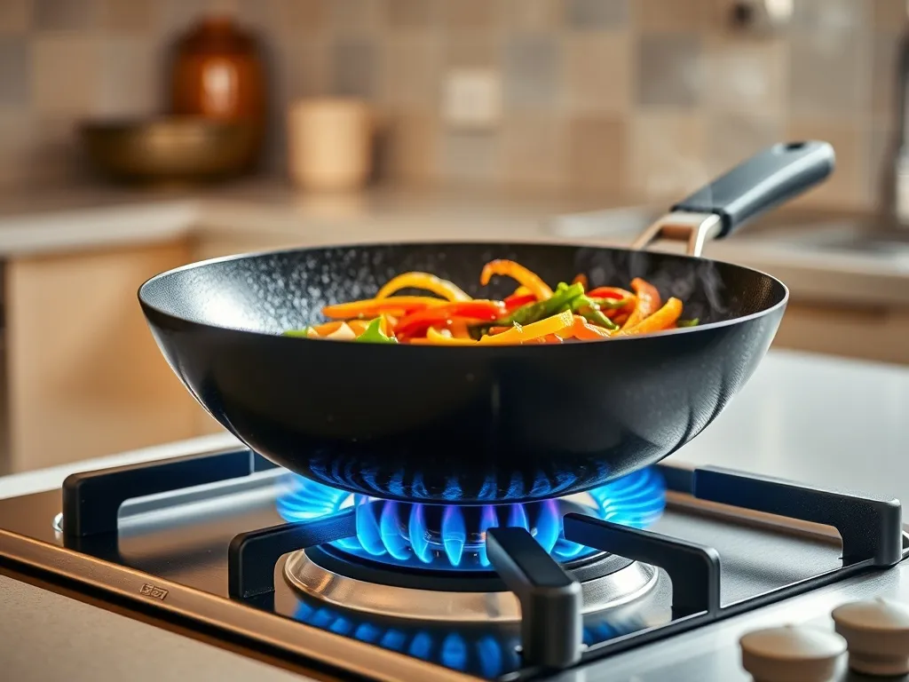 Palnik wok z niebieskim płomieniem pod stalową patelnią, na której smażą się kolorowe warzywa w nowoczesnej kuchni