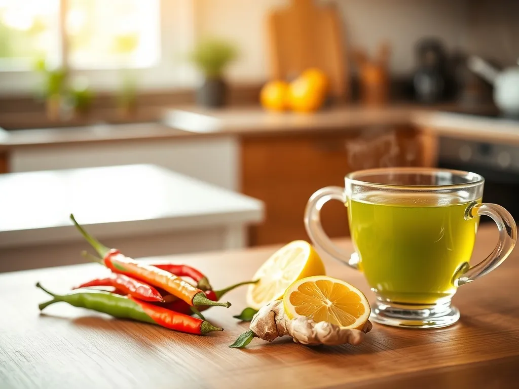 Papryczki chili, imbir, cytryna i parująca zielona herbata na drewnianym stole jako naturalne termogeniki wspierające spalanie tłuszczu