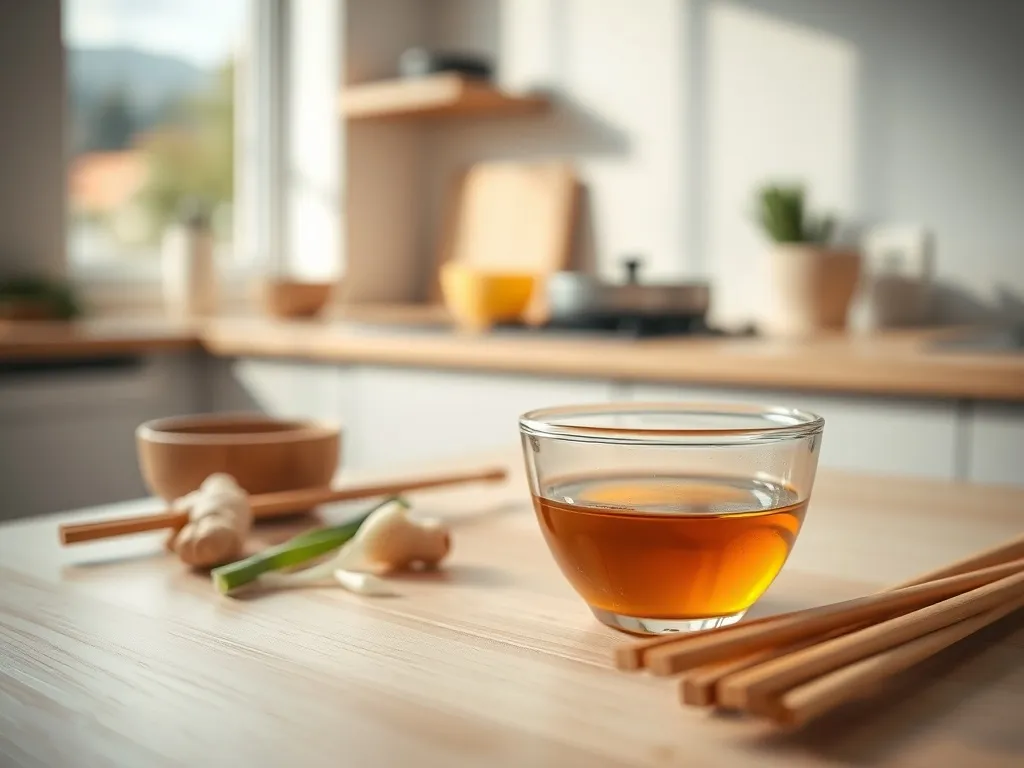 Miseczka złocistego mirinu na blacie obok pałeczek, imbiru i szczypiorku, w tle jasna, nowoczesna kuchnia.