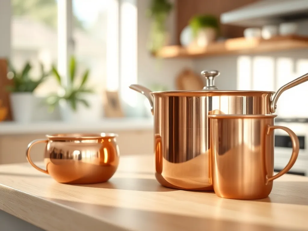 Błyszczący miedziany garnek i kubek na jasnym blacie w nowoczesnej, jasnej kuchni, podkreślające modę na naczynia z miedzi.