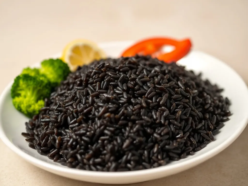 Talerz ugotowanego, błyszczącego czarnego ryżu z brokułami, papryką i cytryną jako podanie przepisu na ryż czarny.