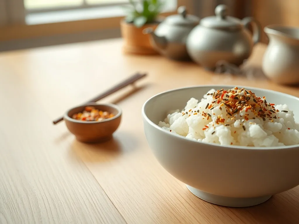Miseczka gorącego ryżu posypanego kolorowym furikake obok miseczki przyprawy w minimalistycznej, japońskiej kuchni.