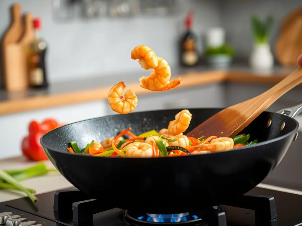 Wok na gazie z podsmażanymi warzywami i krewetkami, w tle składniki kuchni azjatyckiej na blacie kuchennym