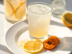 Szklanka musującego kefiru wodnego z cytryną, ziarnami i morelami suszonymi, prezentacja składników do przepisu.