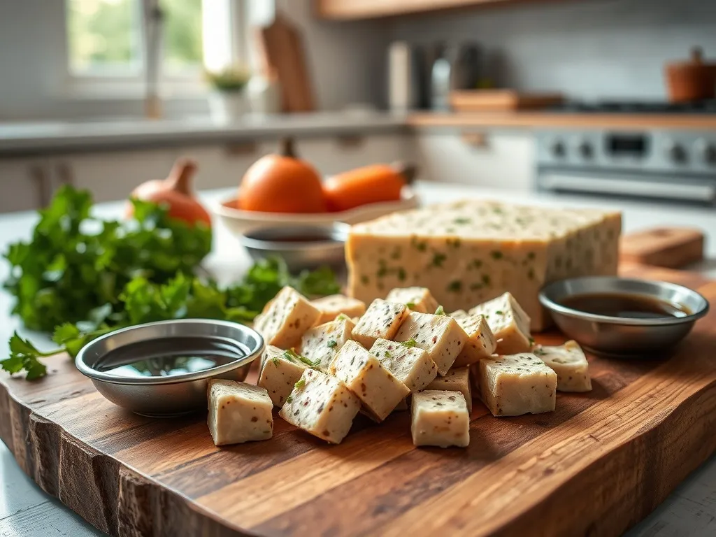Kostki tempehu na drewnianej desce z ziołami i sosem sojowym, w tle jasna nowoczesna kuchnia, apetyczna aranżacja.
