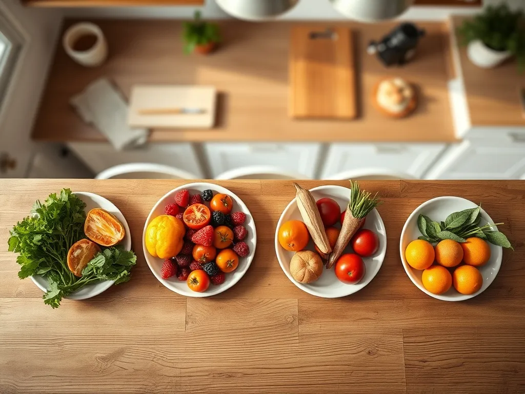Cztery talerzyki z warzywami i owocami na każdą porę roku, ułożone na drewnianym stole w jasnej kuchni.