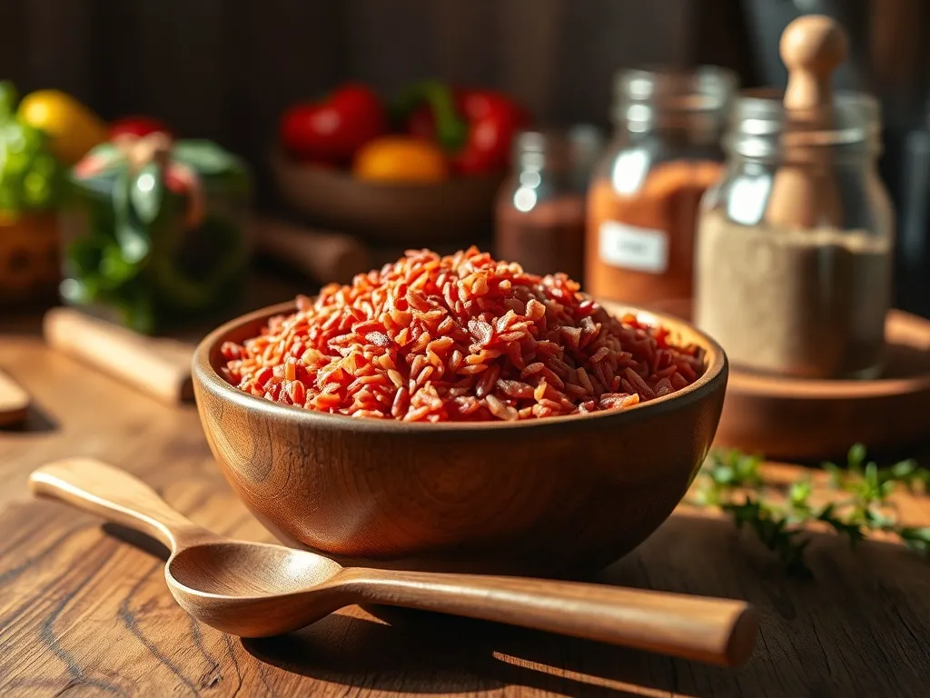 Miska ugotowanego czerwonego ryżu na drewnianym stole, w tle warzywa i przyprawy podkreślające jego zdrowotne zastosowanie.