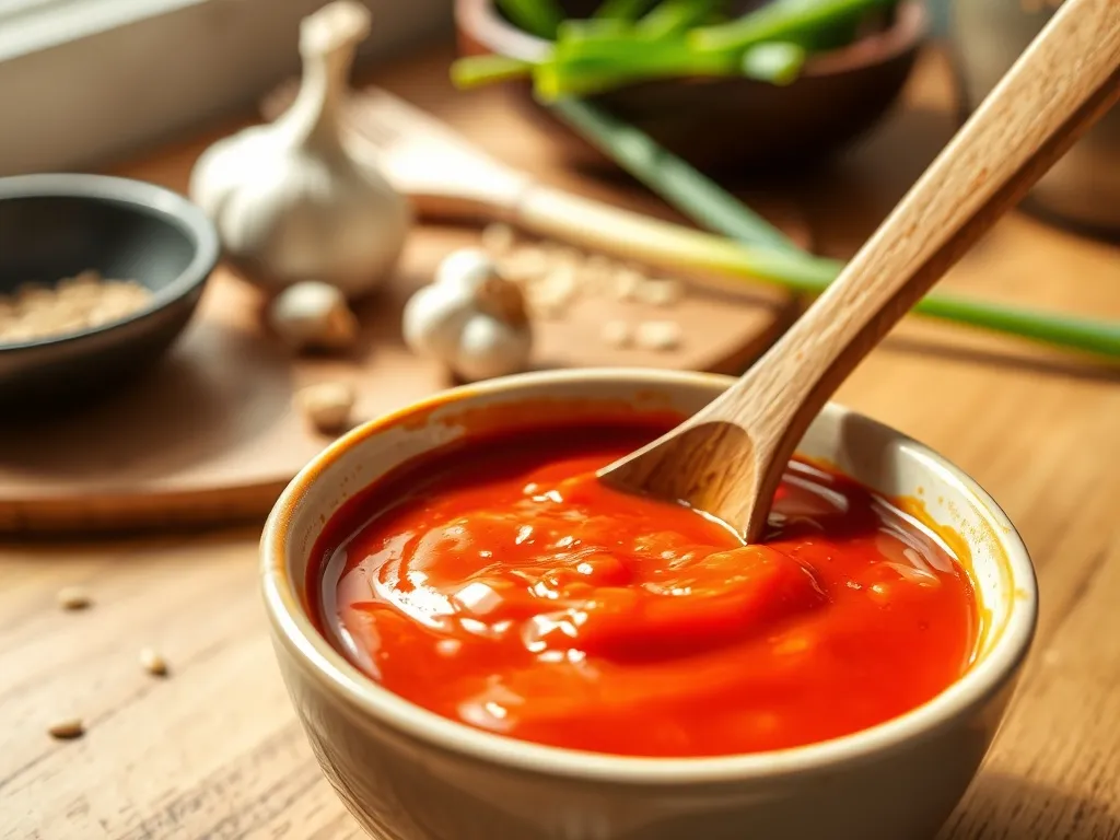 Miseczka czerwonej pasty gochujang z łyżką na tle składników kuchni koreańskiej: czosnku, sezamu i szczypiorku.