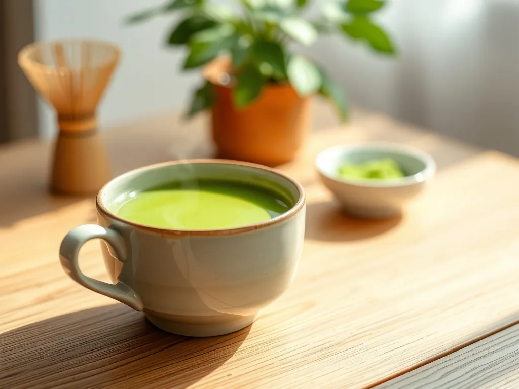 Filiżanka jasnozielonej herbaty matcha z drobną pianką, obok bambusowa miotełka i miseczka z proszkiem, ciepły, przytulny klimat