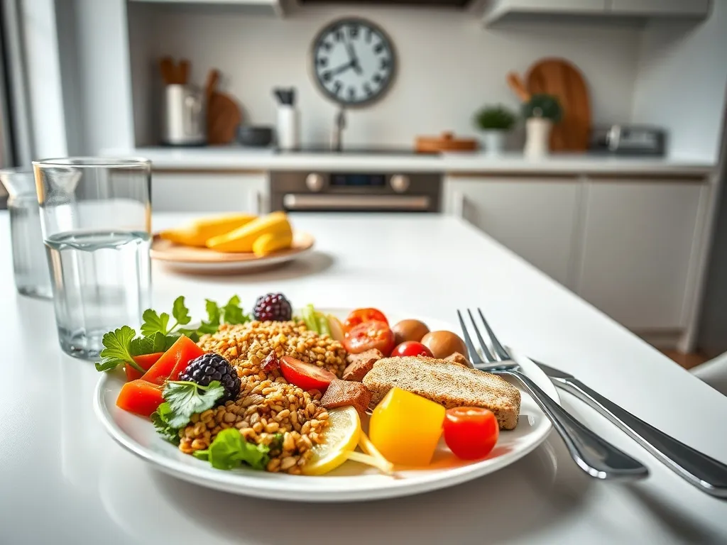 Talerz z różnorodnym zdrowym jedzeniem i szklanką wody na tle zegara w jasnej kuchni, nawiązanie do zasad chronodiety.