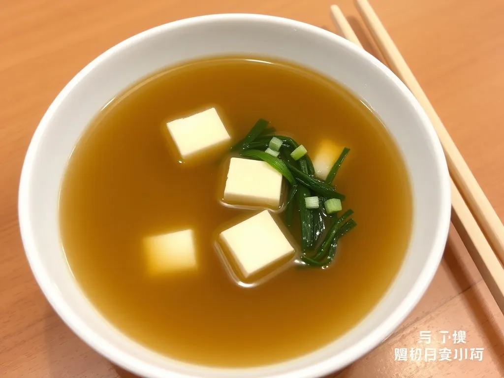 Miska z zupą miso z tofu, wakame i szczypiorkiem na drewnianym stole, obok leżą pałeczki.