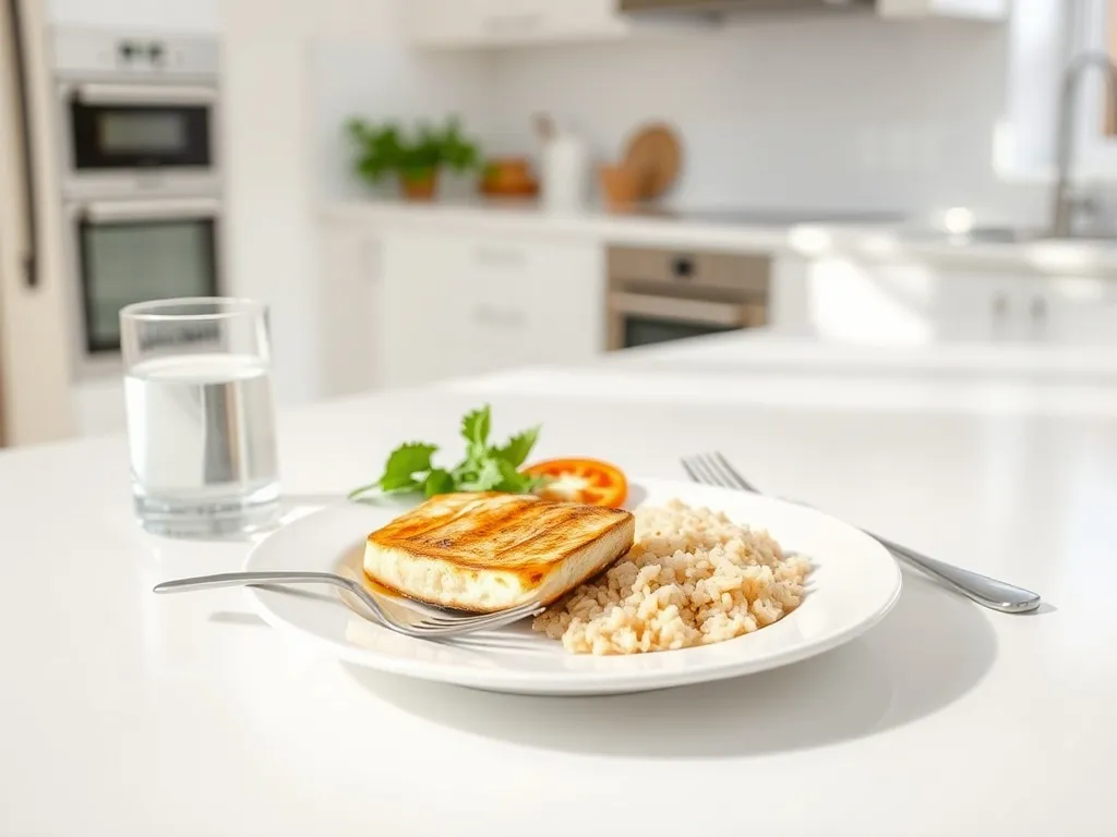 Prosty, minimalistyczny talerz z małym, zbilansowanym posiłkiem, ilustrujący zasadę minimalizmu w codziennym jedzeniu.