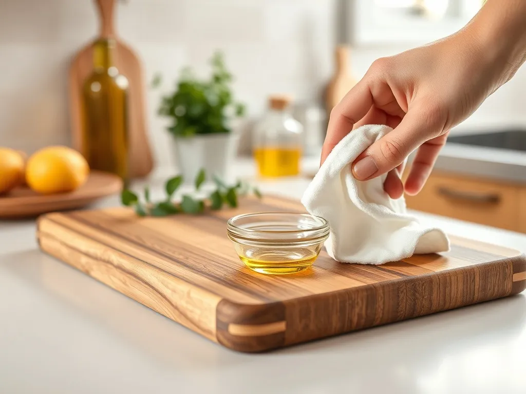 Ręka wciera przeźroczysty olej w drewnianą deskę do krojenia, pokazując pielęgnację i impregnację drewna