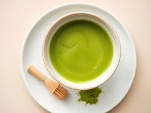 Miska z jasnozieloną matchą, obok bambusowa miotełka i kopczyk proszku – składniki do przygotowania herbaty matcha.