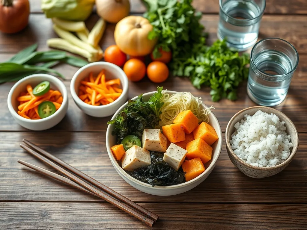 Kolorowy posiłek w stylu Okinawa: miseczki z warzywami, tofu, algami i ryżem na drewnianym stole, lekka, zdrowa kompozycja.