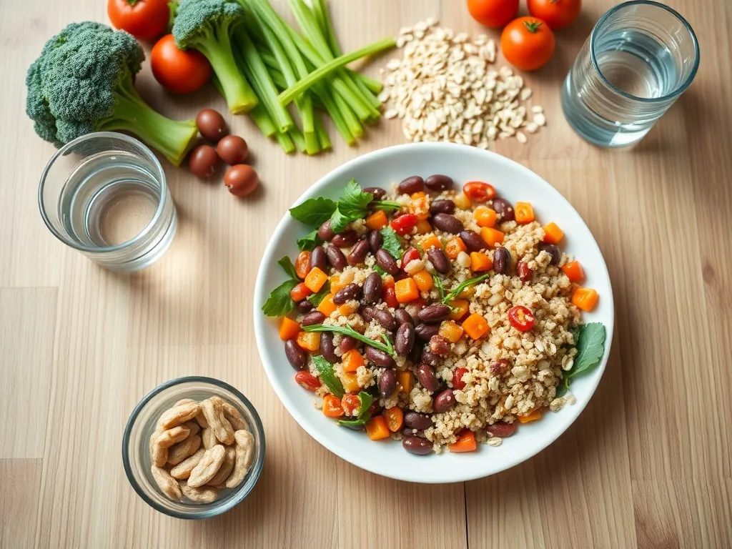 Kolorowy posiłek z warzyw, pełnych ziaren i strączków z orzechami i wodą, ilustrujący zasady obniżania ładunku glikemicznego
