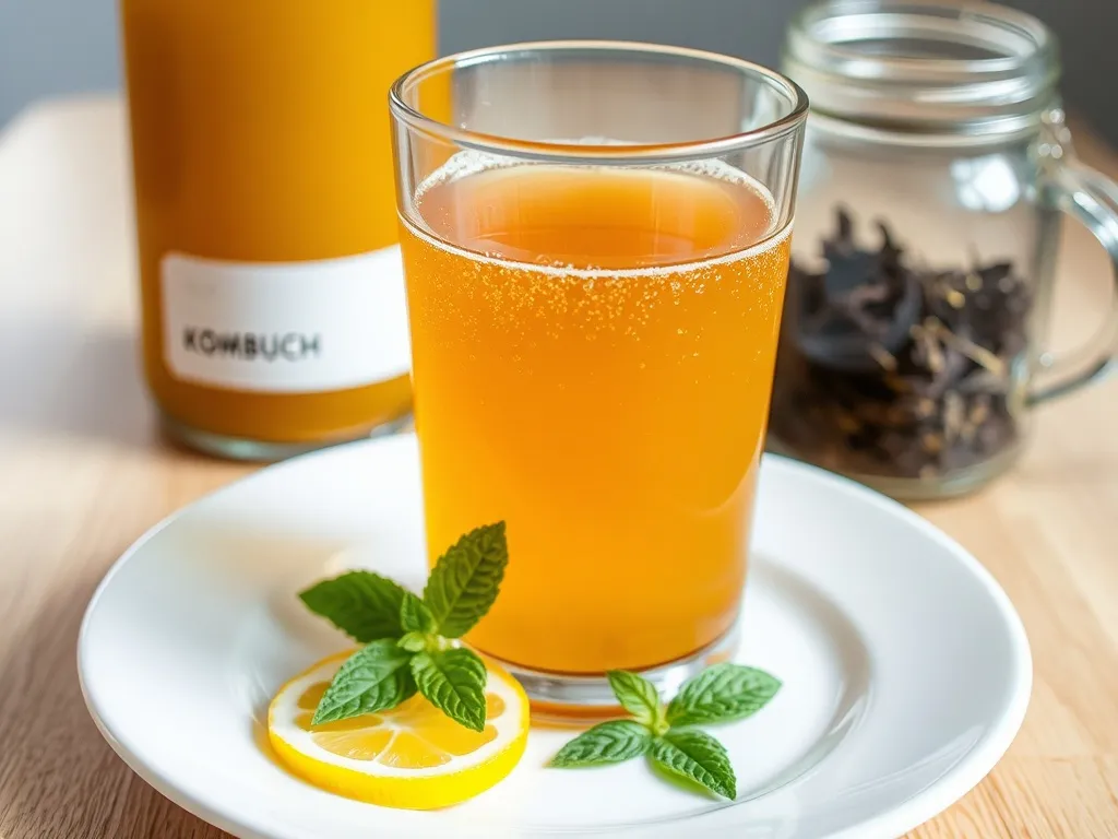 Szklanka złocistej kombuchy z cytryną i miętą na talerzyku, w tle butelka napoju i słoiczek z liśćmi herbaty.
