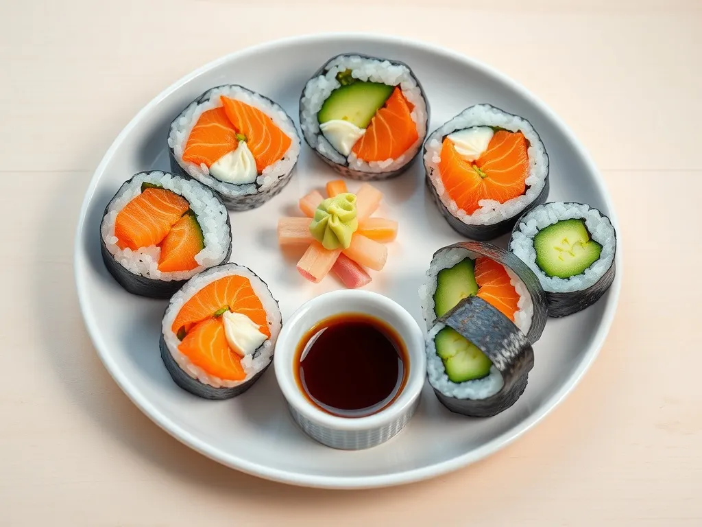 Talerz domowego sushi maki z łososiem i ogórkiem, podane z wasabi, marynowanym imbirem i sosem sojowym.