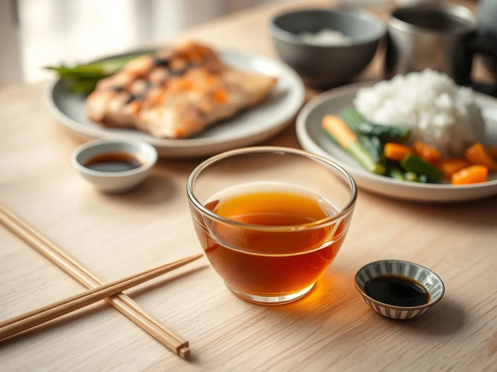 Miseczka złocistego mirinu na blacie obok pałeczek i sosu sojowego, w tle domowy japoński posiłek z rybą i ryżem