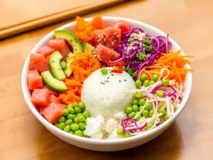 Kolorowa miska poke z łososiem, tuńczykiem, warzywami i ryżem, udekorowana sezamem i chili, gotowa do podania.