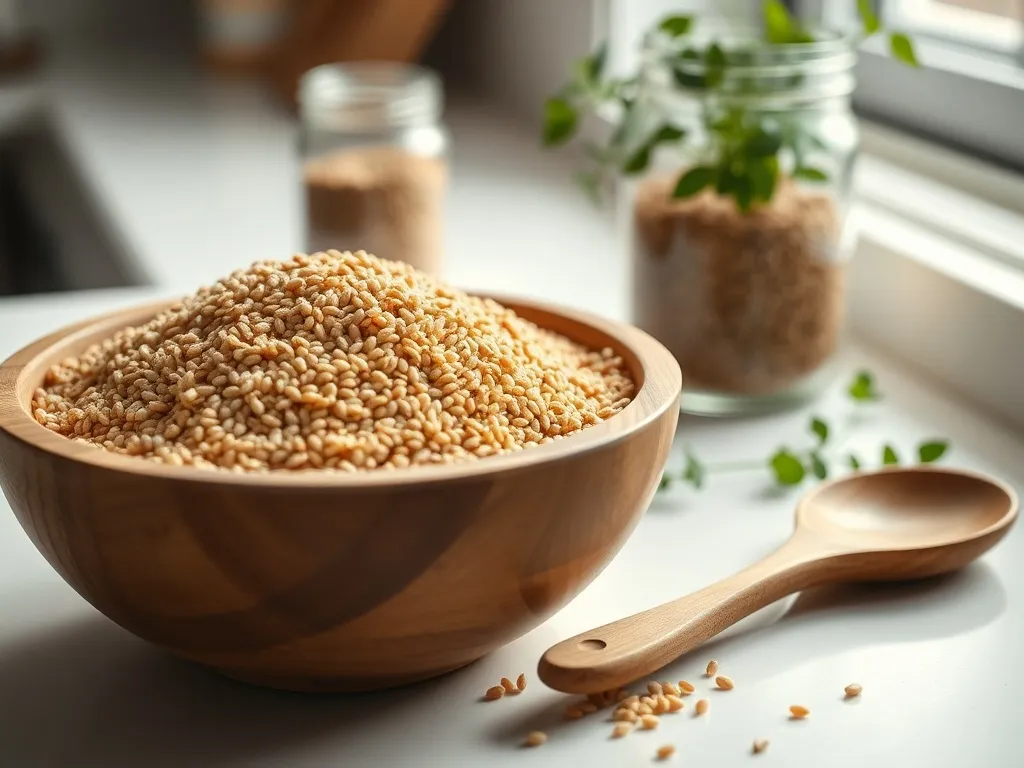 Miseczka surowego amarantusa na jasnym blacie kuchennym, obok łyżka i słoiczek ziaren, w tle zielona roślina.