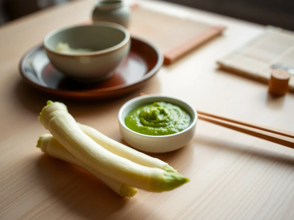 Świeży korzeń wasabi i miseczka zielonej pasty wasabi na jasnym stole, obok pałeczki i minimalistyczna japońska zastawa.