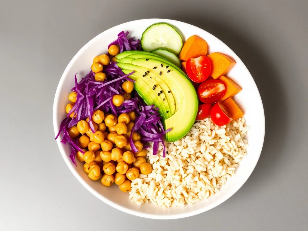 Kolorowa miska Buddha bowl z ryżem, warzywami, ciecierzycą i sosem tahini jako propozycja zdrowego obiadu