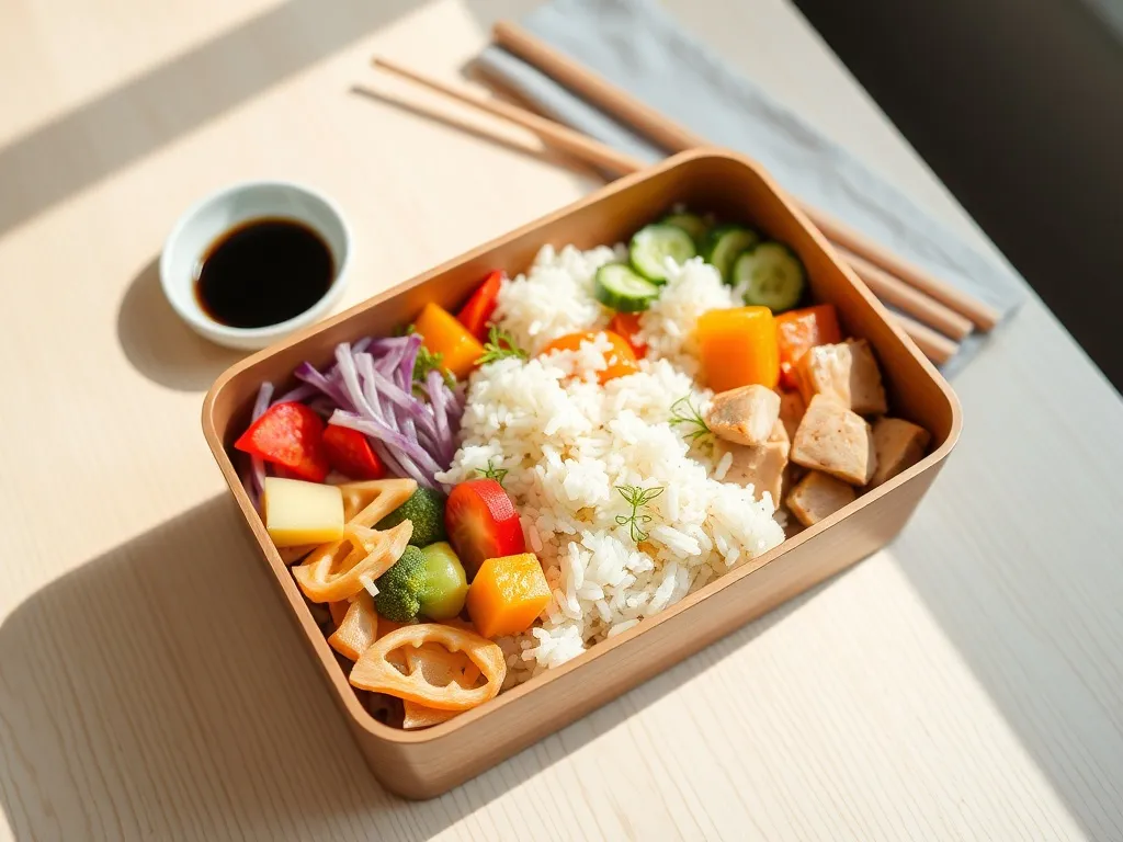 Kolorowe bento box z ryżem, warzywami, mięsem lub tofu i owocami, pokazujące sposób kompozycji japońskiego lunchu.