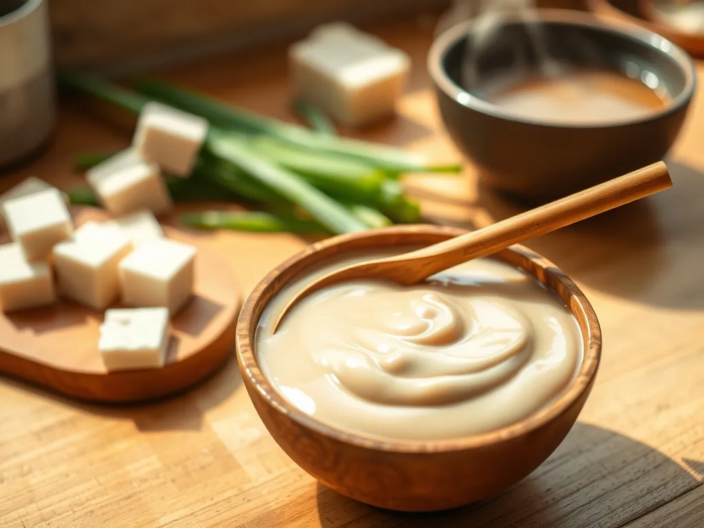 Pasta miso w drewnianej miseczce z łyżką, w tle tofu, szczypiorek i miska bulionu, gotowe do przygotowania zupy