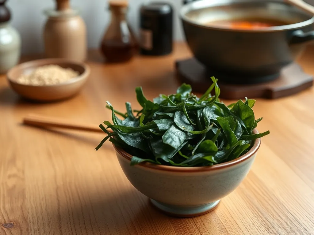 Miseczka świeżych wodorostów wakame na stole kuchennym, obok pałeczki; w tle składniki do azjatyckiej zupy