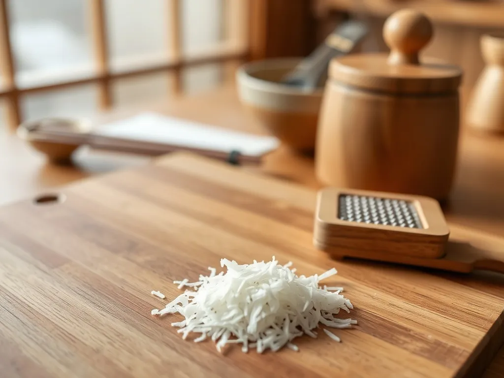 Płatki katsuobushi na desce obok tradycyjnej tarki, w tle miska parującej zupy w minimalistycznej japońskiej kuchni
