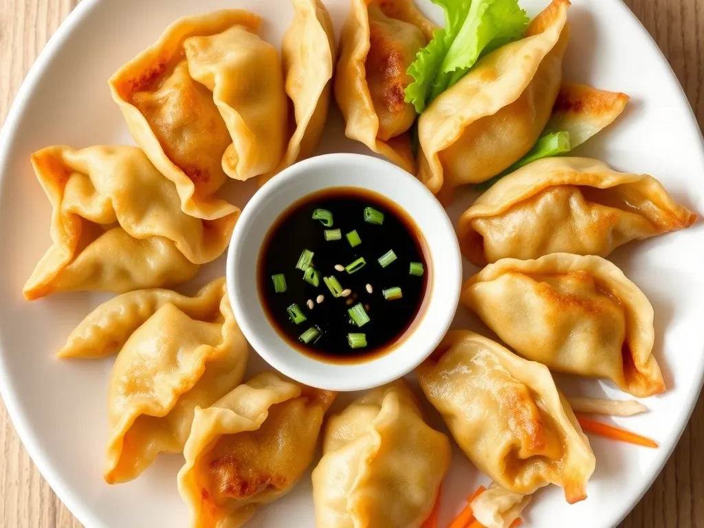 Pierożki gyoza na białym talerzu z sosem sojowym w miseczce, podane z sałatą i marchewką jako propozycja podania przepisu