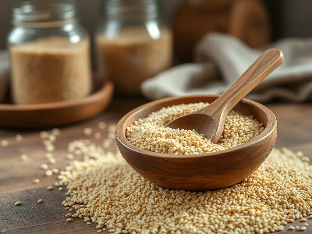 Miska z ziarnem teff na drewnianym stole kuchennym, obok łyżeczka; naturalne światło podkreśla ziarna.